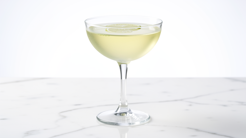 French Gimlet cocktail in coupe glass with pale golden-green elderflower color on marble surface