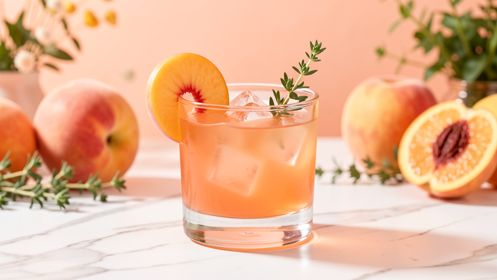 Peach Negroni summer variation in a rocks glass with ice showing coral-peach color from gin, Campari, and peach liqueur