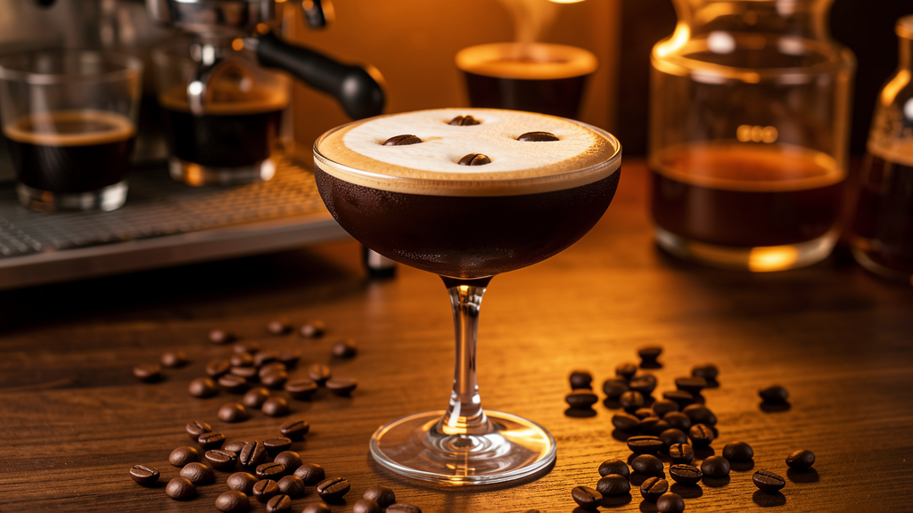 Batched Espresso Martini in a chilled coupe glass with rich dark coffee-brown color and perfect foam layer on top