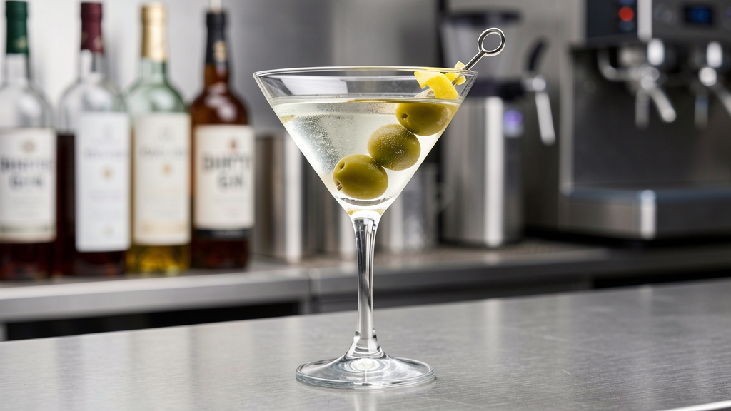 Dirty Gin Martini in an oversized martini glass showing crystal clear cocktail with slight cloudy tinge from olive brine