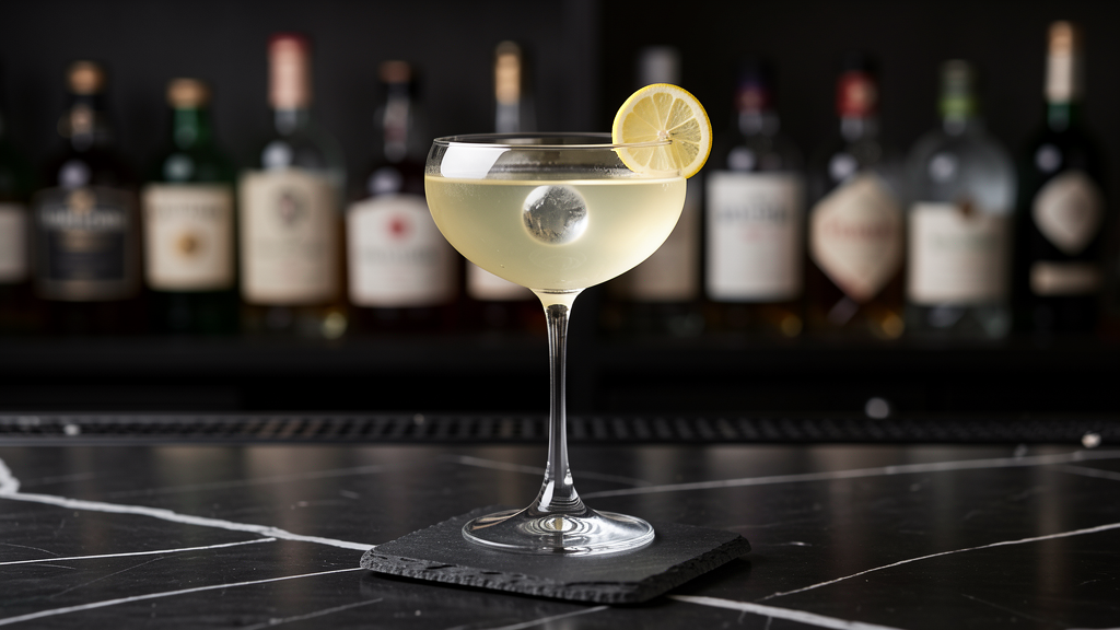 Bar Leone Yuzu Negroni in an elegant coupe glass showing pale golden-white color from gin, Suze, and Cocchi Americano