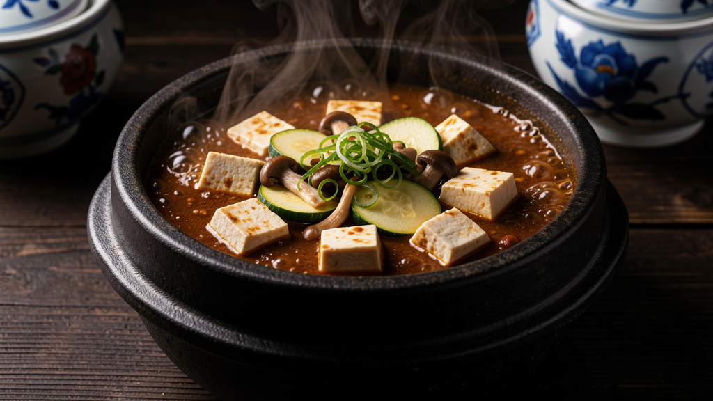 Korean Doenjang Jjigae fermented soybean stew bubbling in a stone dolsot pot with tofu and vegetables