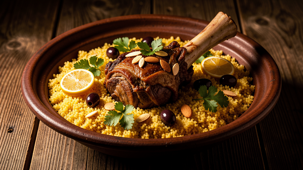 Moroccan braised lamb with preserved lemon on saffron couscous in a tagine dish with olives and cilantro