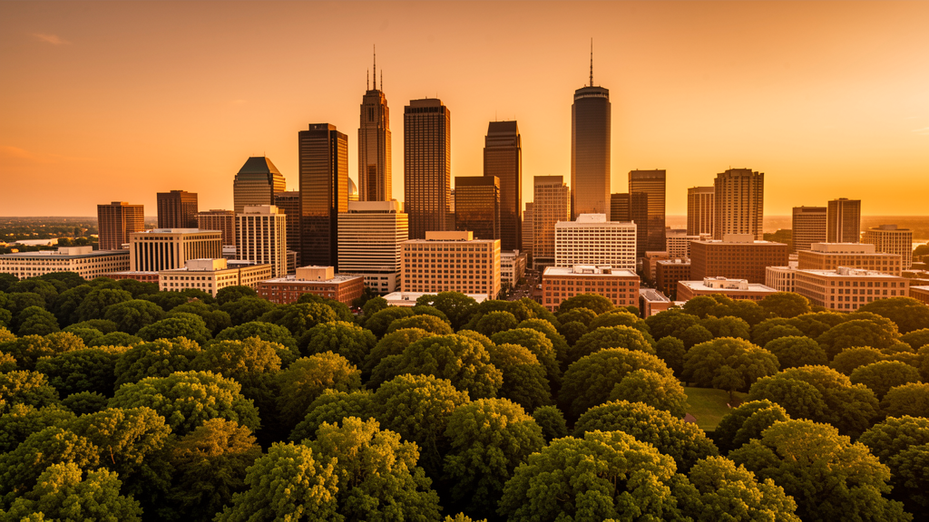 Atlanta Georgia skyline at golden hour with midtown skyscrapers and lush green tree canopy