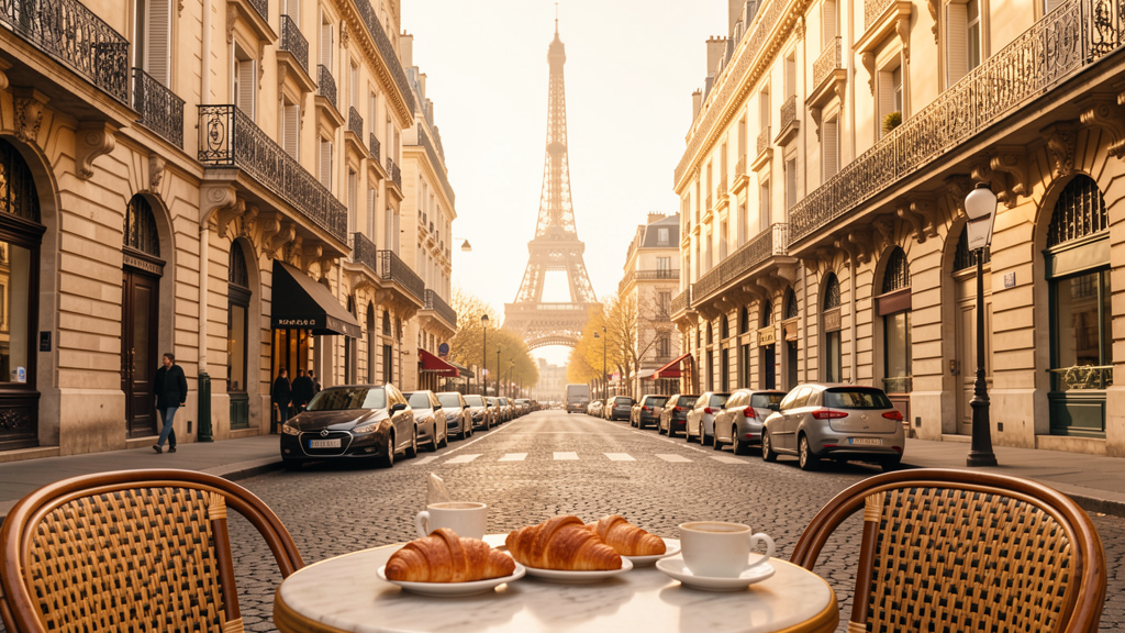 Paris France Haussmann boulevard with Eiffel Tower visible at golden hour and café terrace in foreground