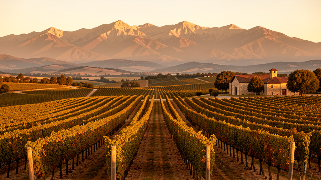 Napa Valley vineyard rows in golden afternoon light with Mayacamas Mountains in the background