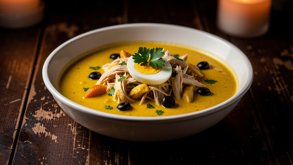 Aji de Gallina Peruvian creamy chicken stew in a wide bowl with golden aji amarillo sauce and egg garnish