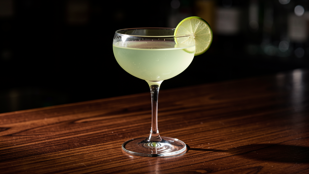 Gimlet cocktail in a coupe glass with bright clear green color from fresh lime and gin