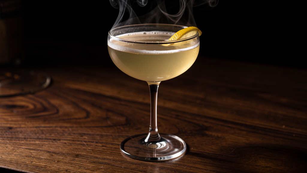 Cooper Union cocktail in a coupe glass showing the warm golden color from Redbreast Irish whiskey and St-Germain with subtle smoky haze from the peated Islay rinse