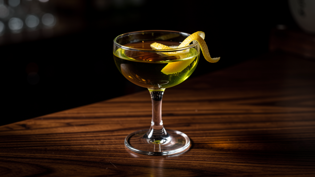 Bijou cocktail in a coupe glass showing deep herbal green from equal parts gin, Green Chartreuse, and Campari