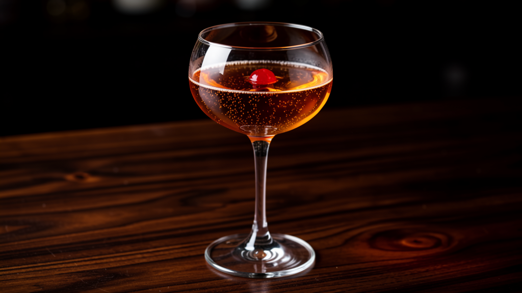 Cognac Manhattan in an elegant coupe glass showing the rich golden-amber color from cognac, rye, and Benedictine with a champagne finish