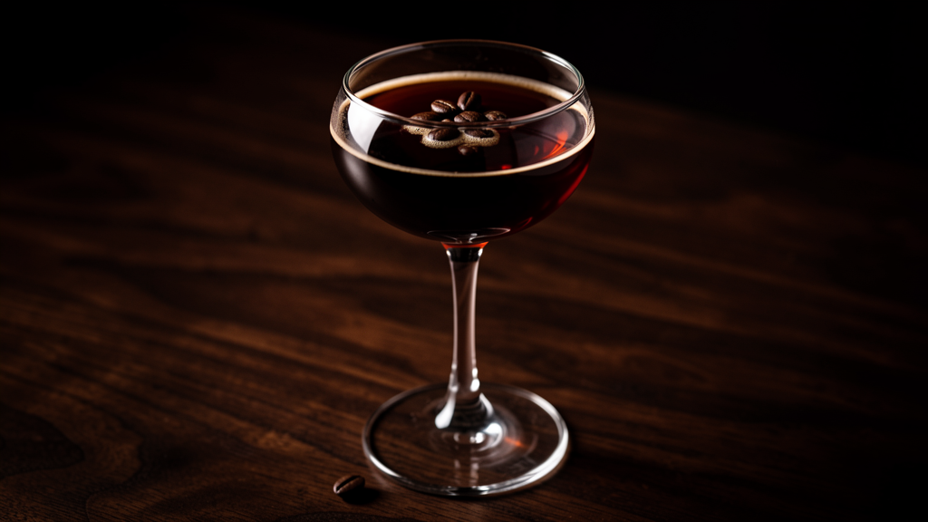 Coquillage cocktail in a coupe glass showing the deep dark-amber color from equal parts rye, coffee liqueur, and Campari with chocolate bitters