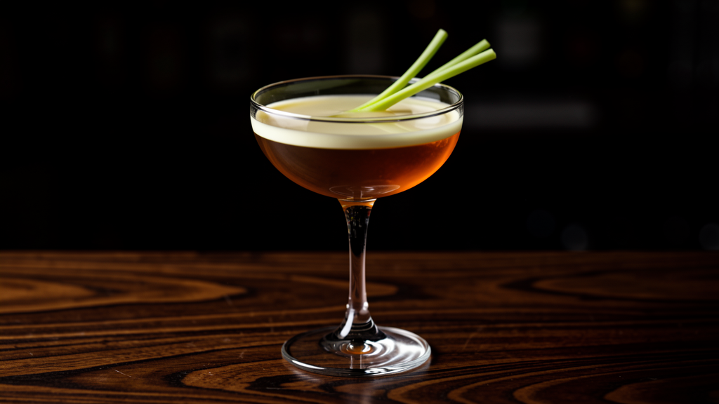Green Grass of Home cocktail in a coupe glass showing the warm amber color from rum cask rye and rhum agricole with aromatic lemongrass notes
