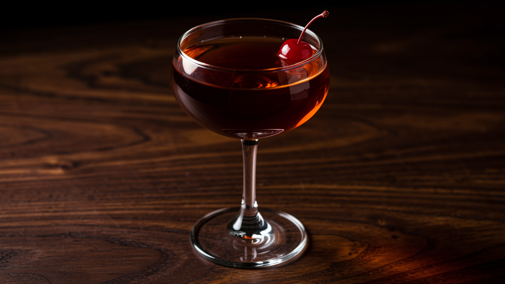 Empyrean cocktail in a coupe glass showing the complex deep amber from rye, Punt e Mes, Green Chartreuse, and Cherry Heering