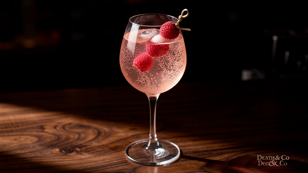 Lychee Kiss Spritz in a flute glass showing the delicate pale pink color from gin, lychee, raspberry liqueur, and prosecco
