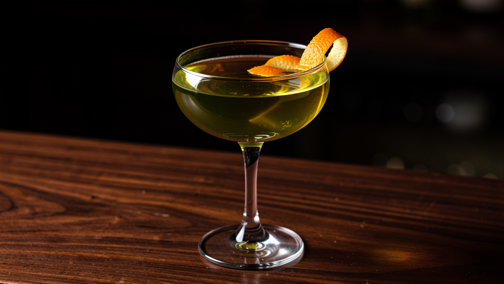La Chartreuserie cocktail in a coupe glass showing the complex herbal green-amber color from gin, Chartreuse, and Campari