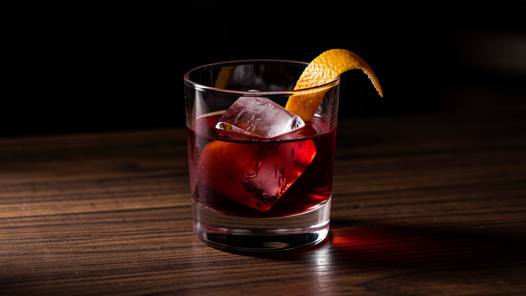Alpine Negroni in a rocks glass with ice showing the deep red-amber color from gin, Campari, and Amaro Braulio