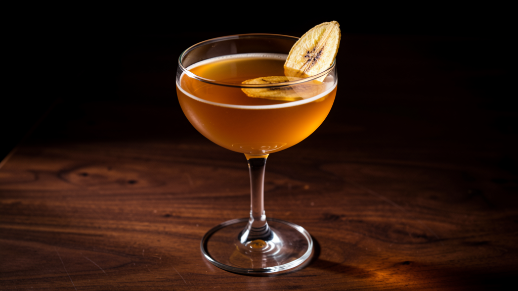 Paper Hornet cocktail in a coupe glass showing the golden-amber color from peanut butter whiskey, banana liqueur, and Fernet-Branca