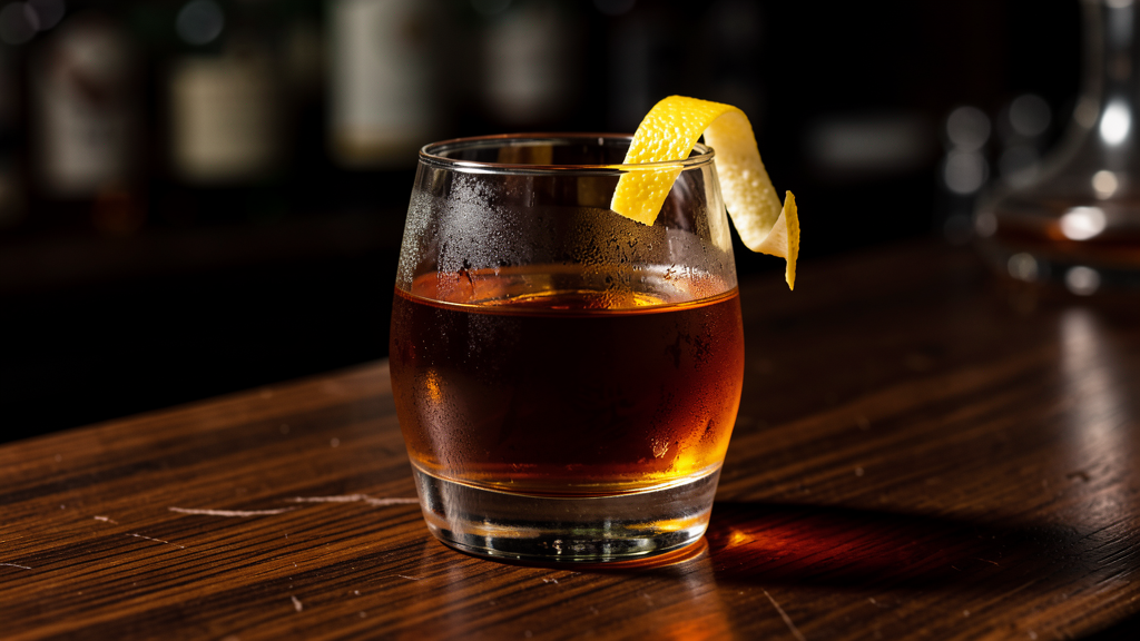 Sazerac cocktail in a chilled rocks glass with absinthe rinse, showing the deep amber rye whiskey and Peychaud's bitters