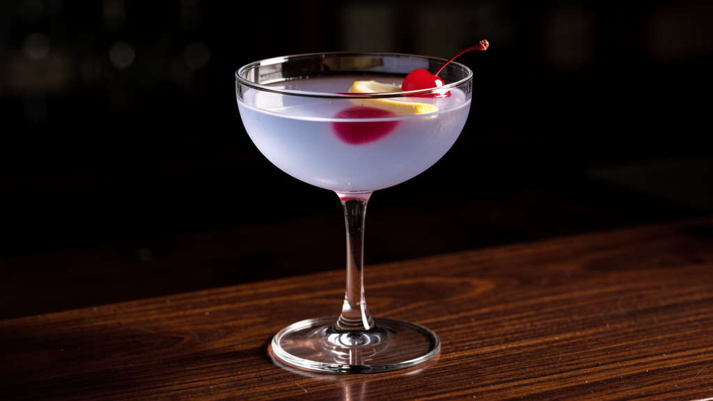 Aviation cocktail in a coupe glass showing the pale violet-lavender color from gin, maraschino, and crème de violette