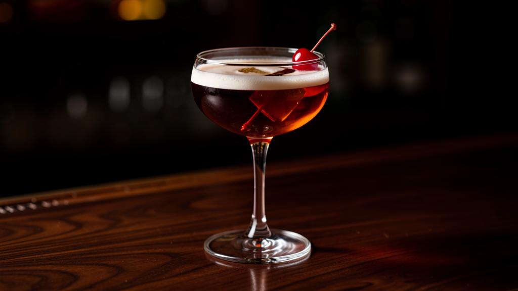 The Nightcap cocktail in a coupe glass showing the deep ruby-amber color from rye, Campari, and sweet vermouth
