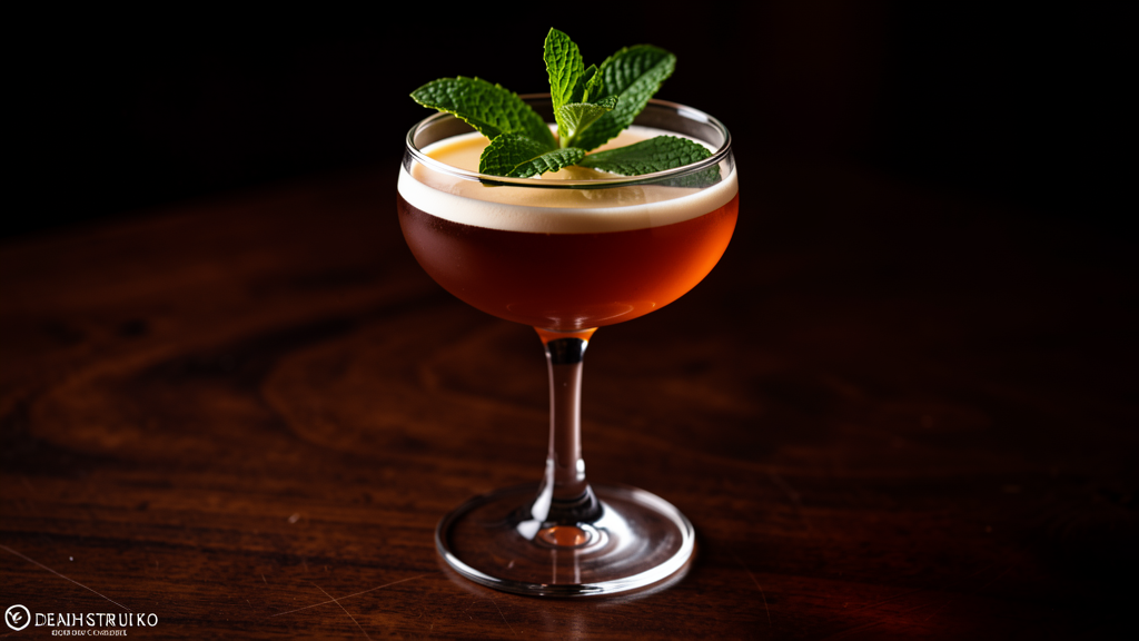 Thunderstruck cocktail in a coupe glass showing the complex amber-brown color from Fernet, Licor 43, port, orgeat, and lemon with a mint bouquet garnish