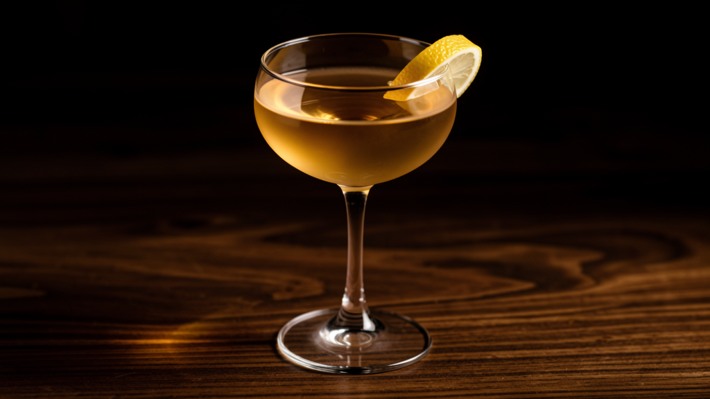 Velvet Glove cocktail in an elegant coupe glass showing the pale golden clarity from cognac, Cocchi Americano, and crème de cacao