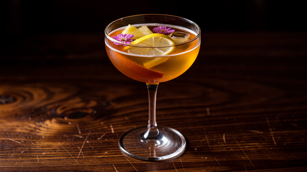 Wicked Behavior cocktail in a coupe glass showing the warm coral-gold color from bourbon, St-Germain, Aperol, pineapple, and lemon