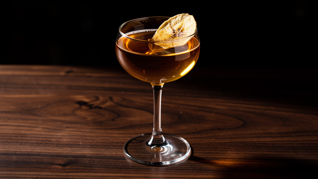Hat in Hand cocktail in a coupe glass showing the warm golden-amber color from Jamaican rum, cognac, and banana liqueur
