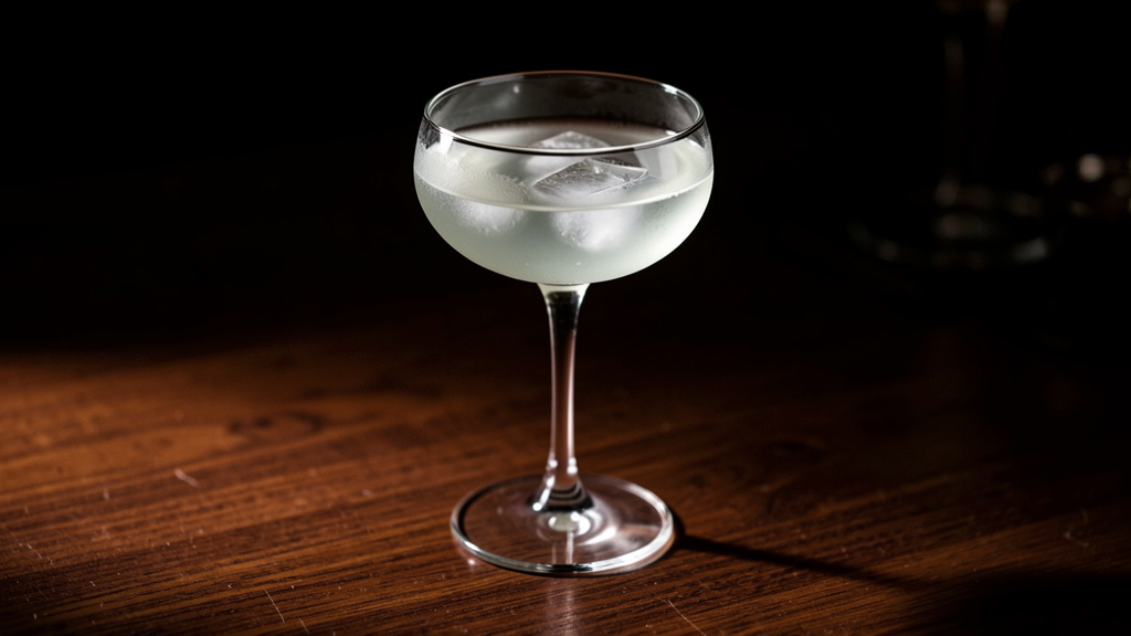 Stinger cocktail in a coupe glass showing the pale golden-green color from cognac and crème de menthe, served very cold