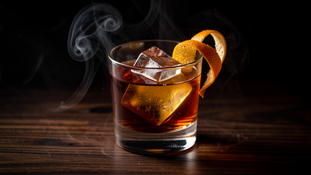 Smoking Gun cocktail in a rocks glass showing the smoky amber color from Scotch whisky, Campari, and Peychaud's bitters