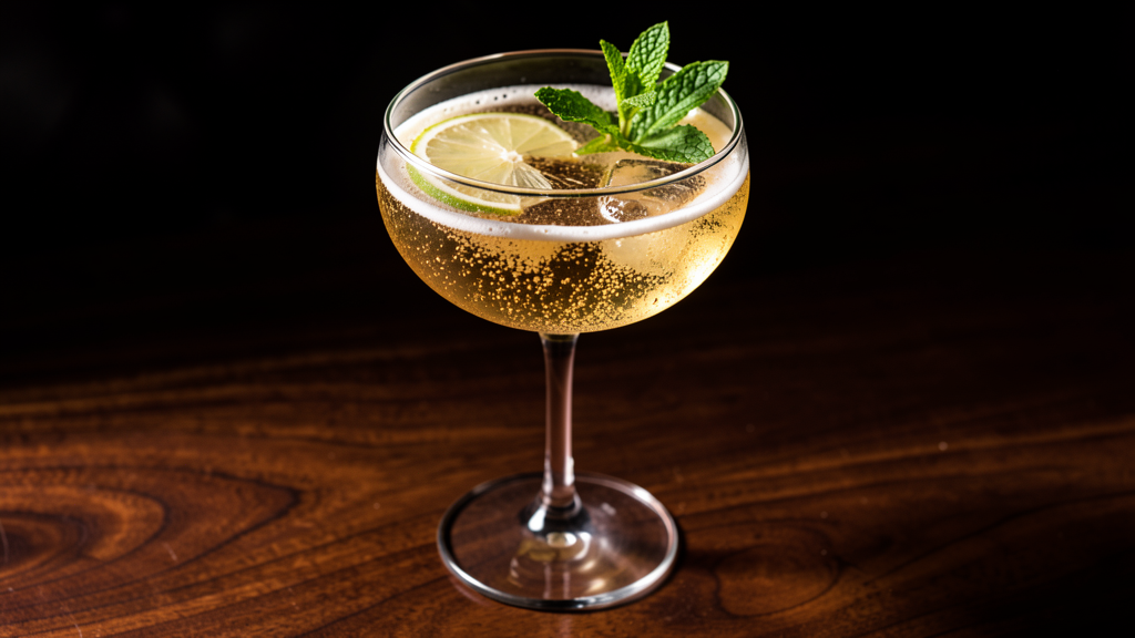 Old Cuban cocktail in a coupe glass showing the pale golden color from aged rum with sparkling wine, lime, and mint