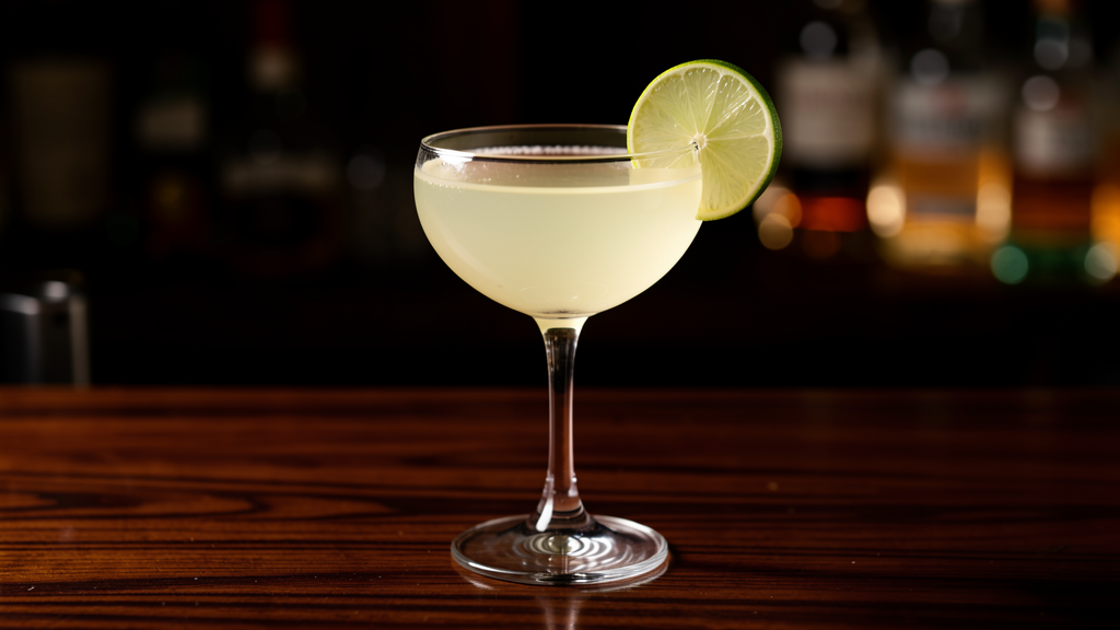 Classic Daiquiri in a coupe glass with pale straw-yellow color from white rum and fresh lime juice