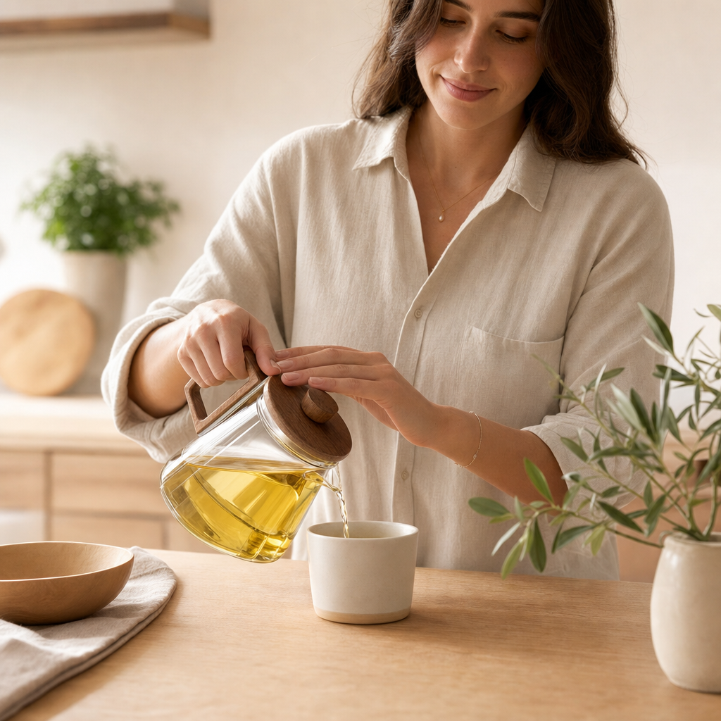 Une théière en verre dans ta matinée