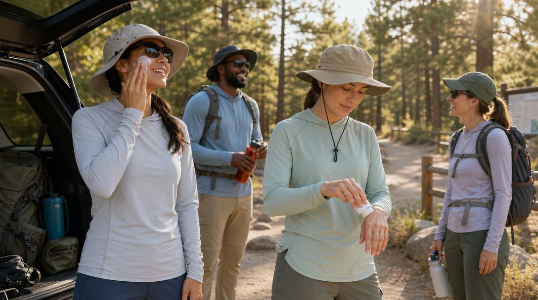 UPF shirt comparison with sunscreen bottles on hiking trail