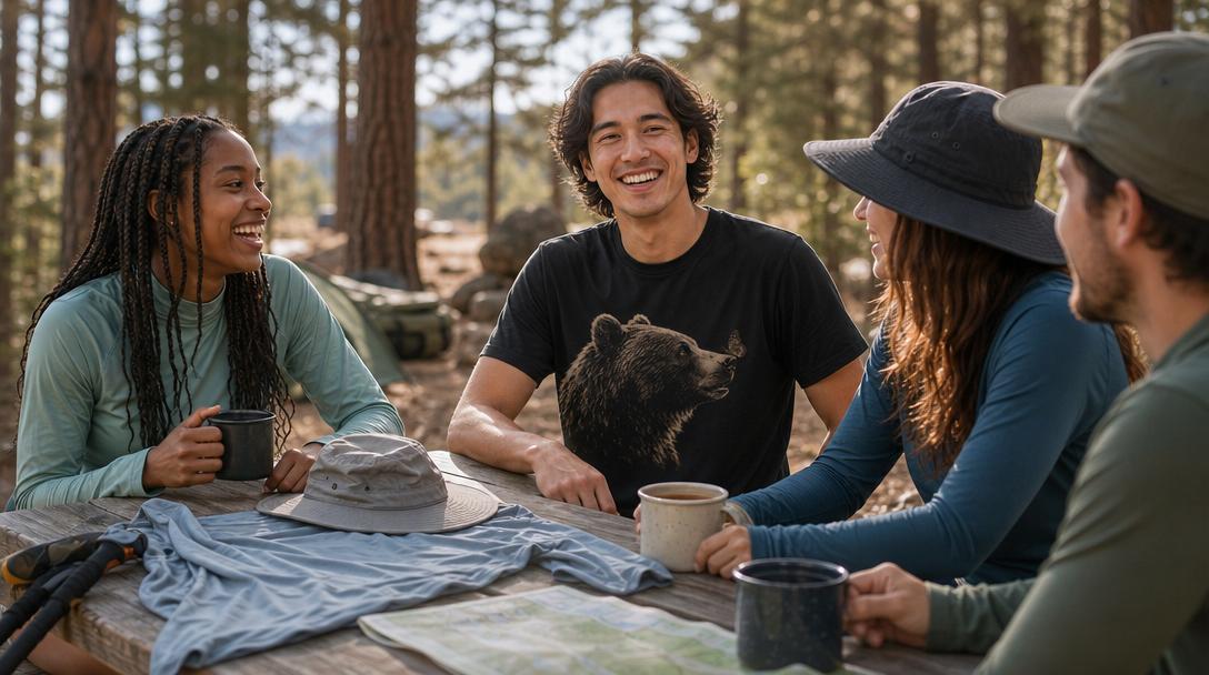 Close-up of UPF rating label on hiking shirt fabric