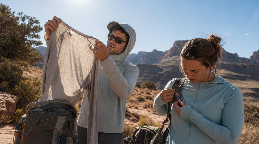 Hiker wearing UPF shirt in bright sun with backpack
