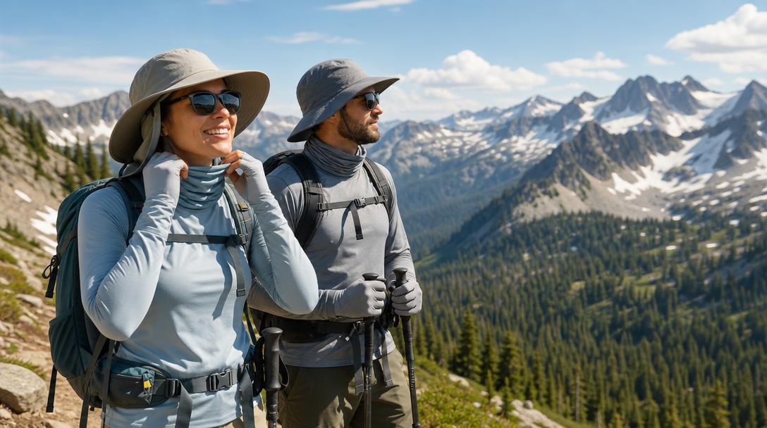 Hiker protected with UPF shirt, hat, and sunglasses on sunny trail