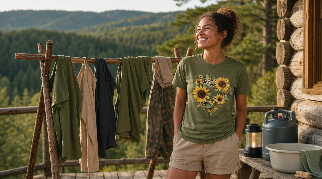 Person washing hiking shirts by hand in basin