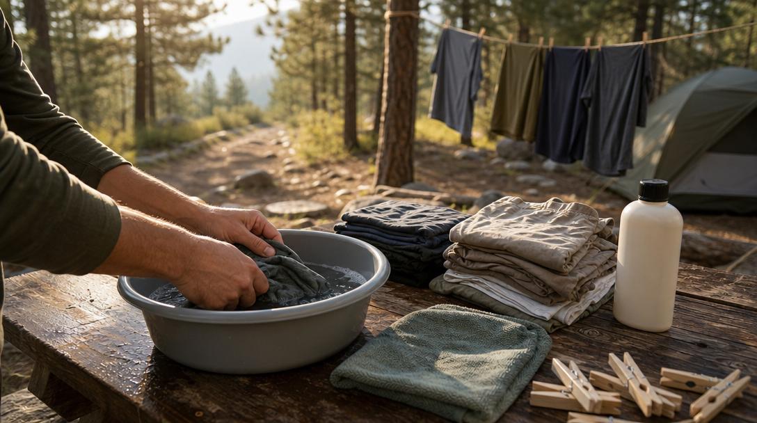Hands spot cleaning a hiking shirt