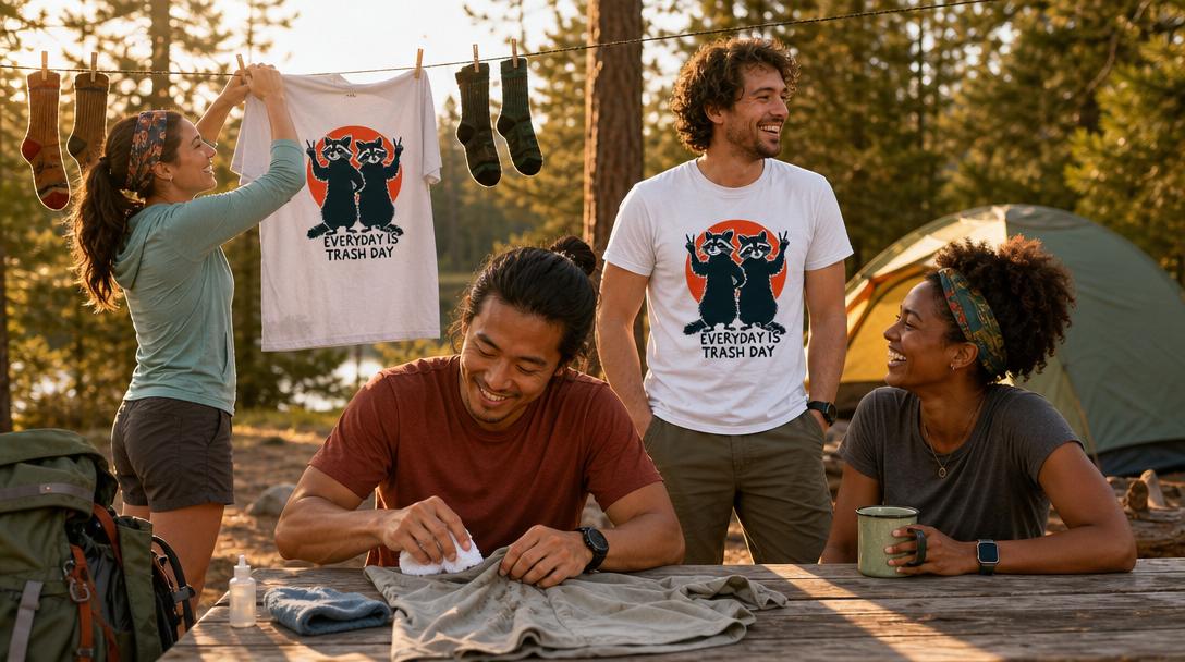 Washing machine with hiking shirts inside