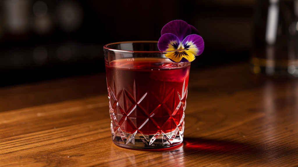 Sorrel Gimlet in a crystal Nick and Nora glass with deep ruby-red liquid