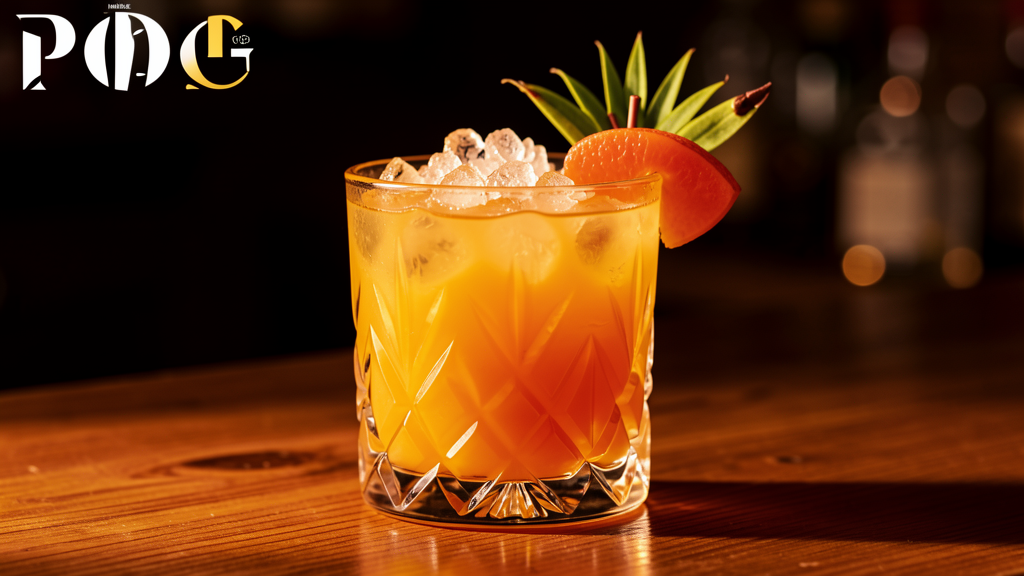 POG Grog tropical cocktail in a crystal rocks glass with crushed ice