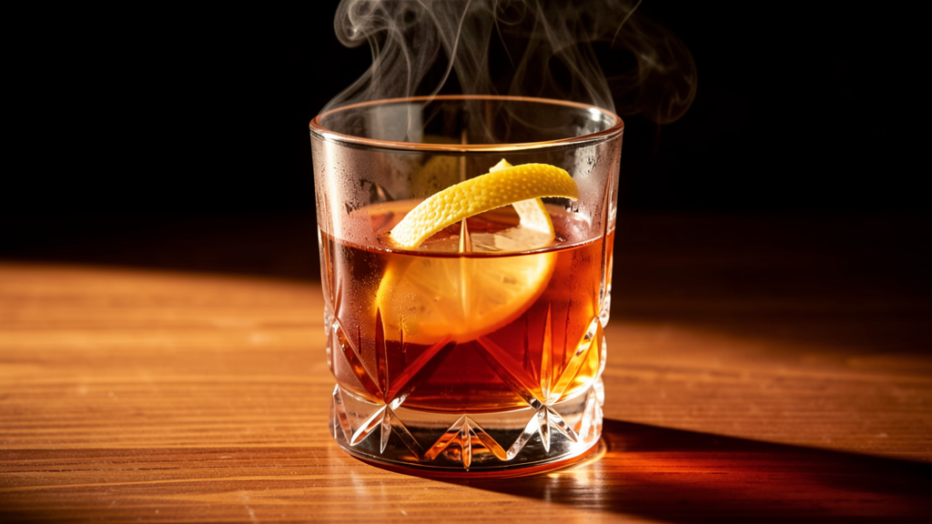 Peach Brandy Sazerac in a chilled crystal rocks glass