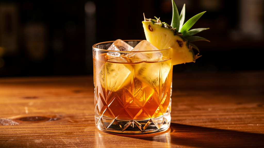 Hummingbird cocktail in a crystal rocks glass with pineapple garnish