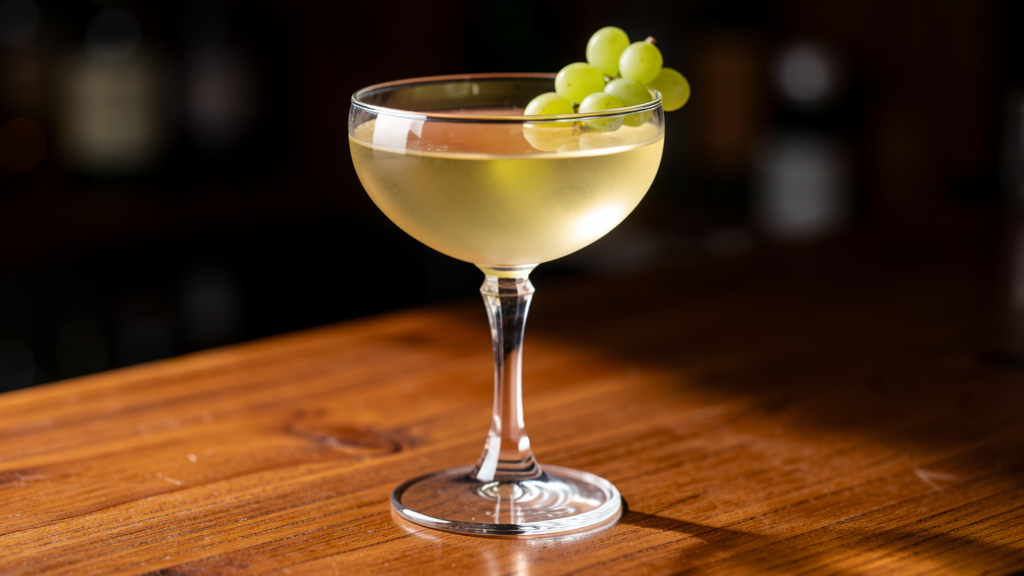 Enzoni Bianco in a crystal coupe glass with pale golden liquid