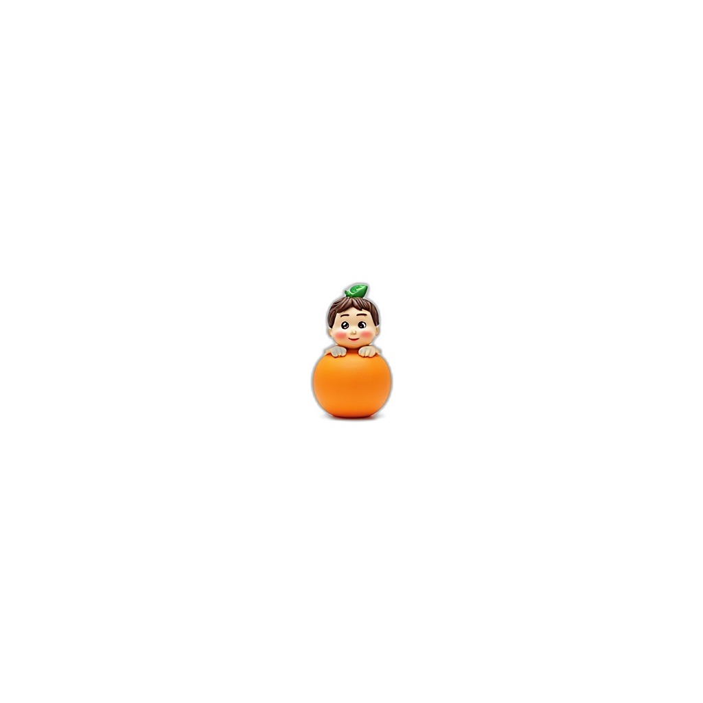 Orange Buddy — an orange fruit with this boy popping out, all fused as one solid squishable thing