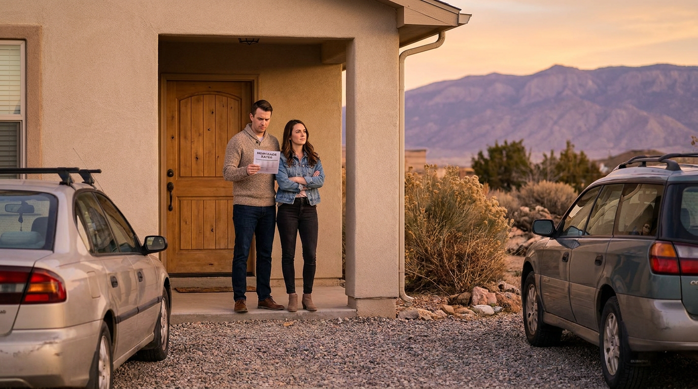 Young couple in their early 30s standing on a small front porch of a modest stucco home in a Western