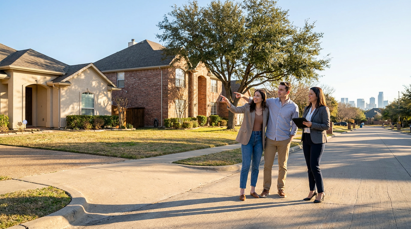 Young couple in their early 30s with a real estate agent standing on a suburban sidewalk in Texas, c