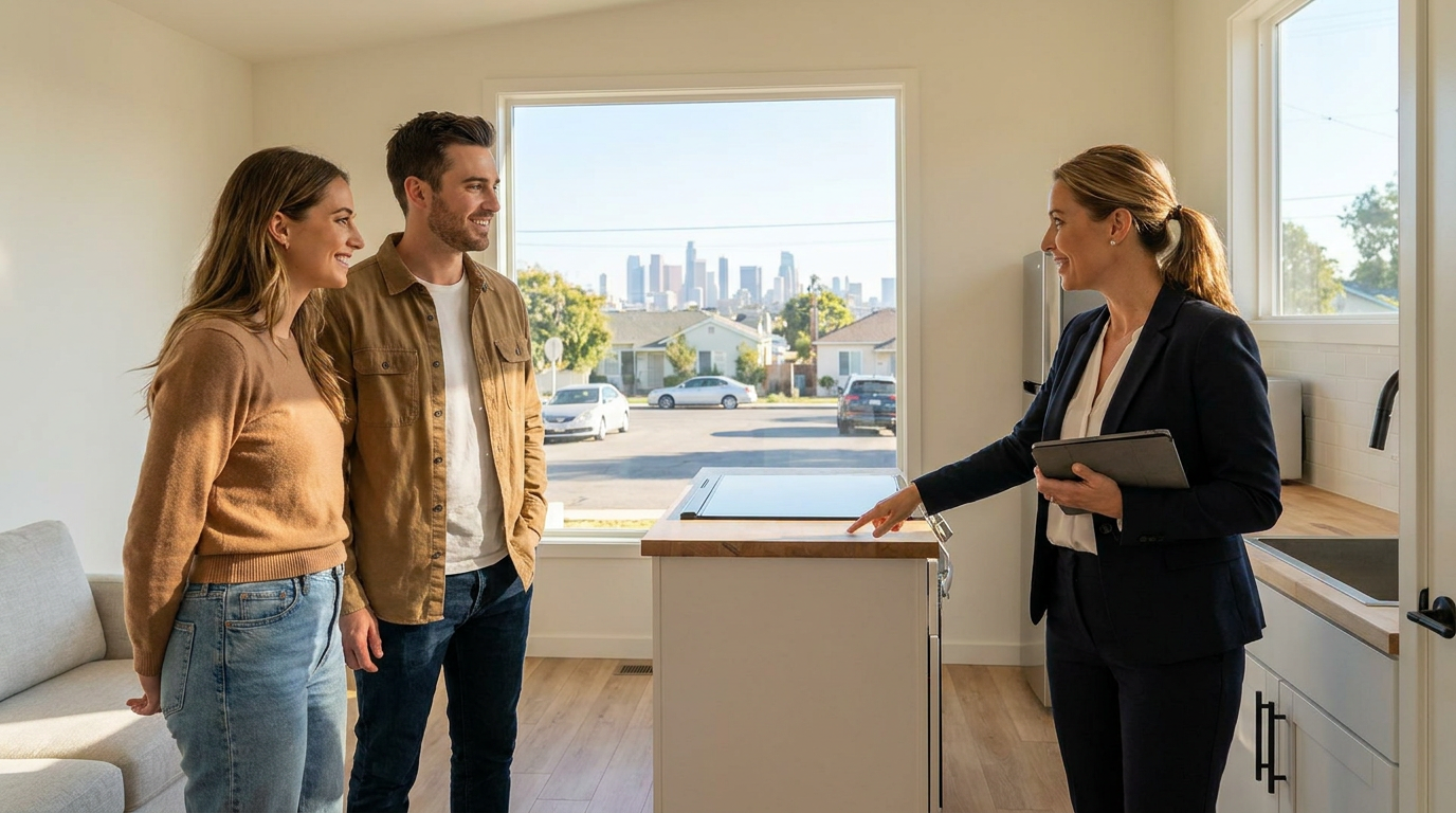 Young couple touring a compact single‑family home in a Western suburb, real estate agent pointing ou